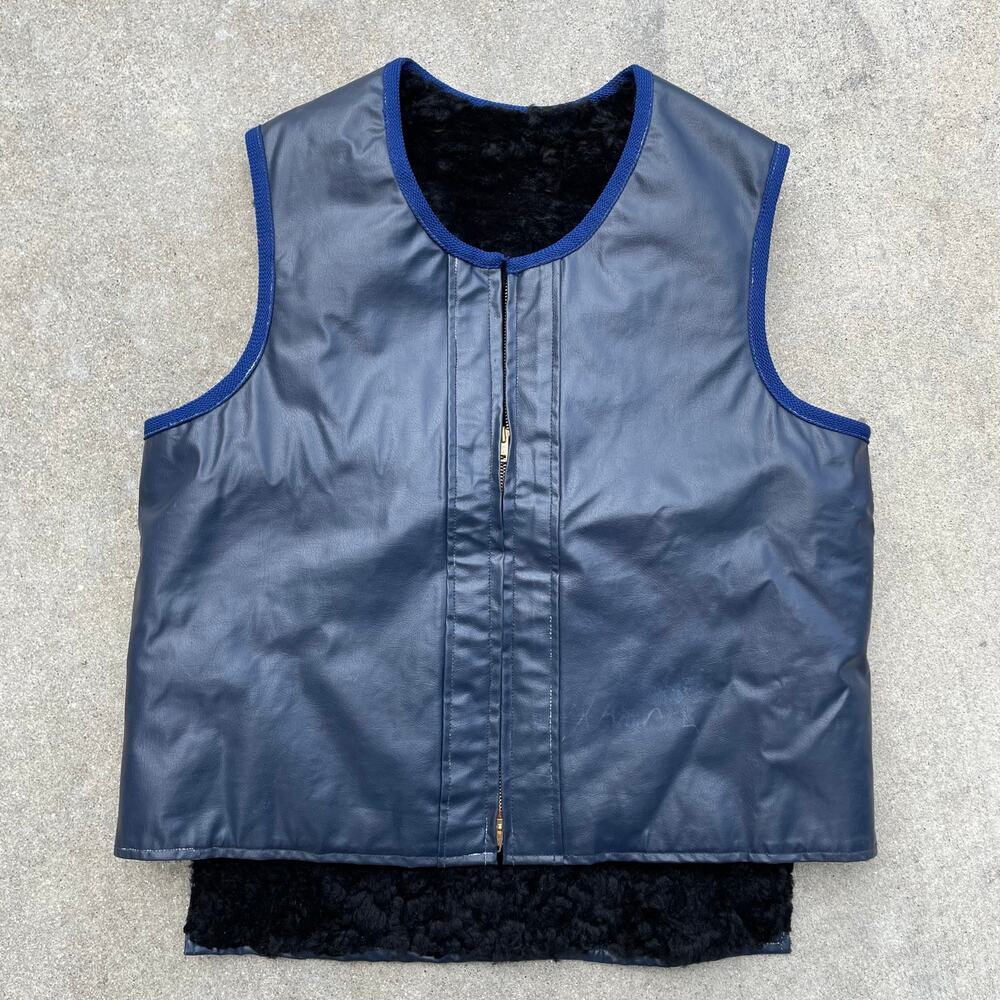 Vintage 1960s Real Leather Sherpa Lined Vest Talon Zip Navy Black Mens M